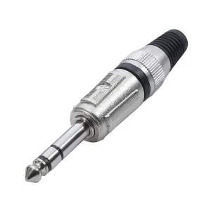 Newtide NP3701-3P 6.3mm TRS stereo phone plug with nickel-plated metal shell and black strain relief boot.