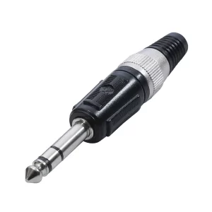 Newtide NP3701B-3P 6.3mm TRS stereo phone plug with black -plated metal shell and black strain relief boot.