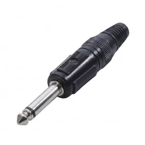 Newtide NPC3601B-2P 6.3mm TS mono phone plug with black-plated metal shell and black strain relief boot.