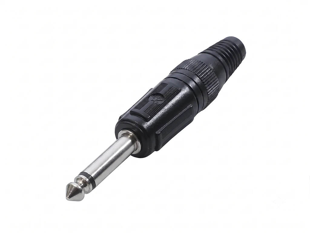 Newtide NPC3601B-2P 6.3mm TS mono phone plug with black-plated metal shell and black strain relief boot.