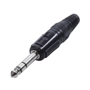 Newtide NPC3701B-3P 6.3mm TRS stereo phone plug with black -plated metal shell and black strain relief boot.
