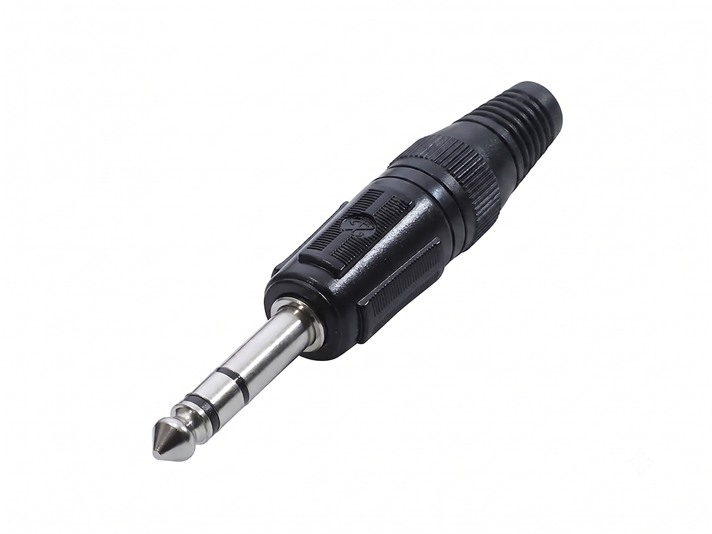 Newtide NPC3701B-3P 6.3mm TRS stereo phone plug with black -plated metal shell and black strain relief boot.