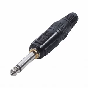 Newtide NPS3604B-2P 6.3mm TS mono silent phone plug with black-plated metal shell and silent switch, black strain relief boot.