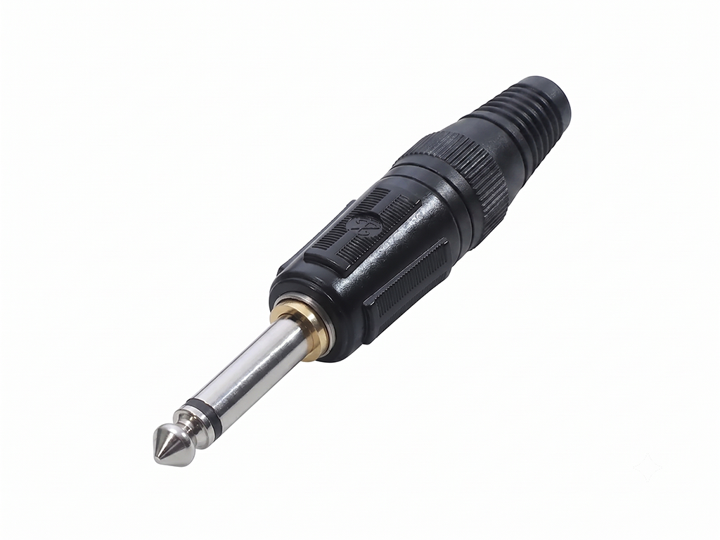 Newtide NPS3604B-2P 6.3mm TS mono silent phone plug with black-plated metal shell and silent switch, black strain relief boot.