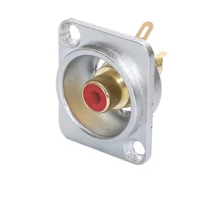 Newtide RCA2250-R RCA female chassis connector (phono jack) with nickel-plated D-shape metal housing and red color coding.
