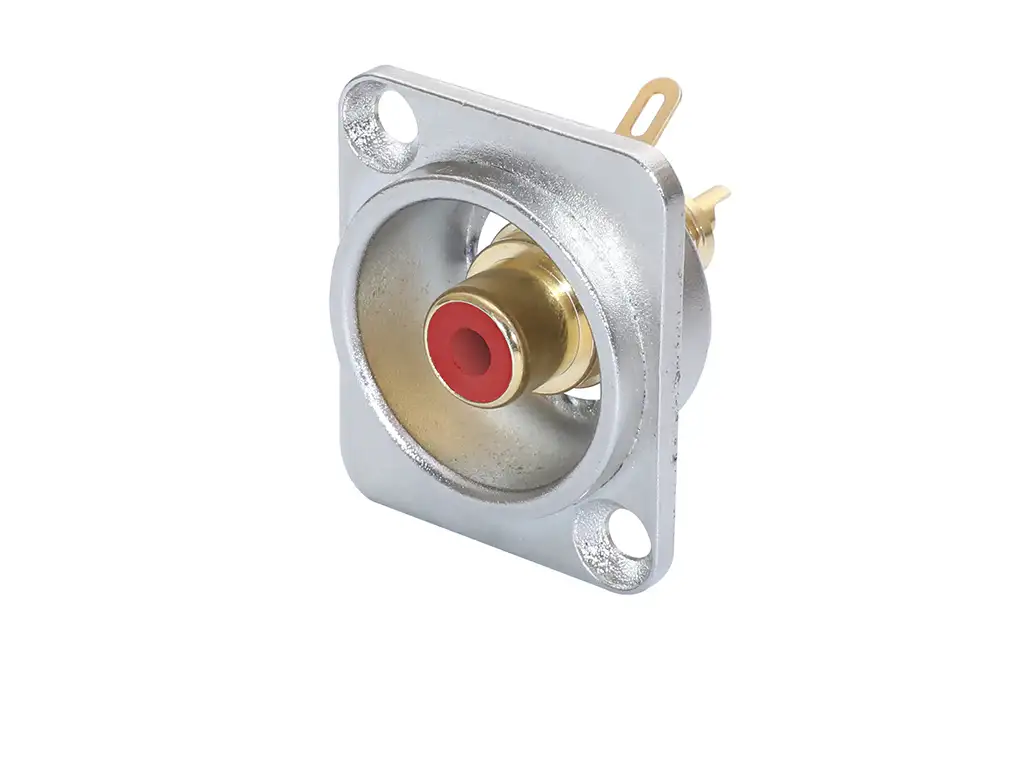 Newtide RCA2250-R RCA female chassis connector (phono jack) with nickel-plated D-shape metal housing and red color coding.
