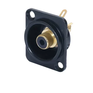 Newtide RCA2250B-R RCA female chassis connector (phono jack) with black-plated D-shape metal housing and black color coding.