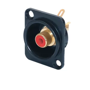 Newtide RCA2250B-R RCA female chassis connector (phono jack) with black-plated D-shape metal housing and red color coding.