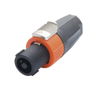 Newtide SP0906-2P 2-pole speakerON cable connector with chuck type strain relief, secure metal locking system, and solder termination.