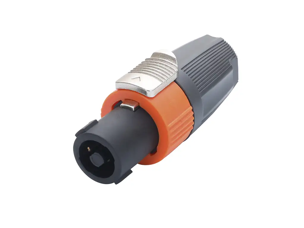 Newtide SP0906-2P 2-pole speakerON cable connector with chuck type strain relief, secure metal locking system, and solder termination.