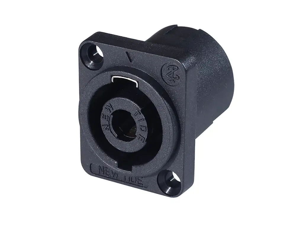 Newtide SP0907-2P 2-pole speakerON chassis connector with black D-size flange and countersunk thru holes, solder termination, secure metal locking system.