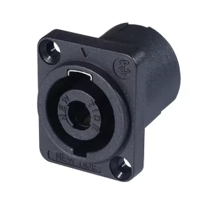 Newtide SP0907-4P 4-pole speakerON chassis connector with black D-size flange and countersunk thru holes, solder termination, secure metal locking system.