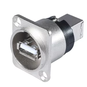 Newtide USB2220-1 USB 2.0 Type A to Type B reversible feedthrough chassis connector (gender changer) with nickel-plated D-shape metal housing.