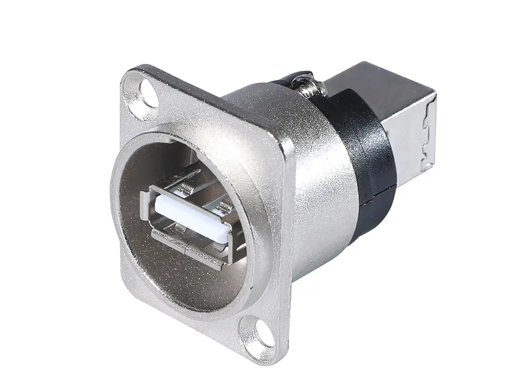 Newtide USB2220-1 USB 2.0 Type A to Type B reversible feedthrough chassis connector (gender changer) with nickel-plated D-shape metal housing.