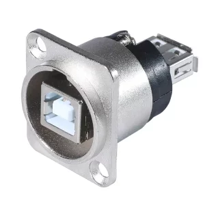 Newtide USB2220 USB 2.0 Type A to Type B reversible feedthrough chassis connector (gender changer) with nickel-plated D-shape metal housing.