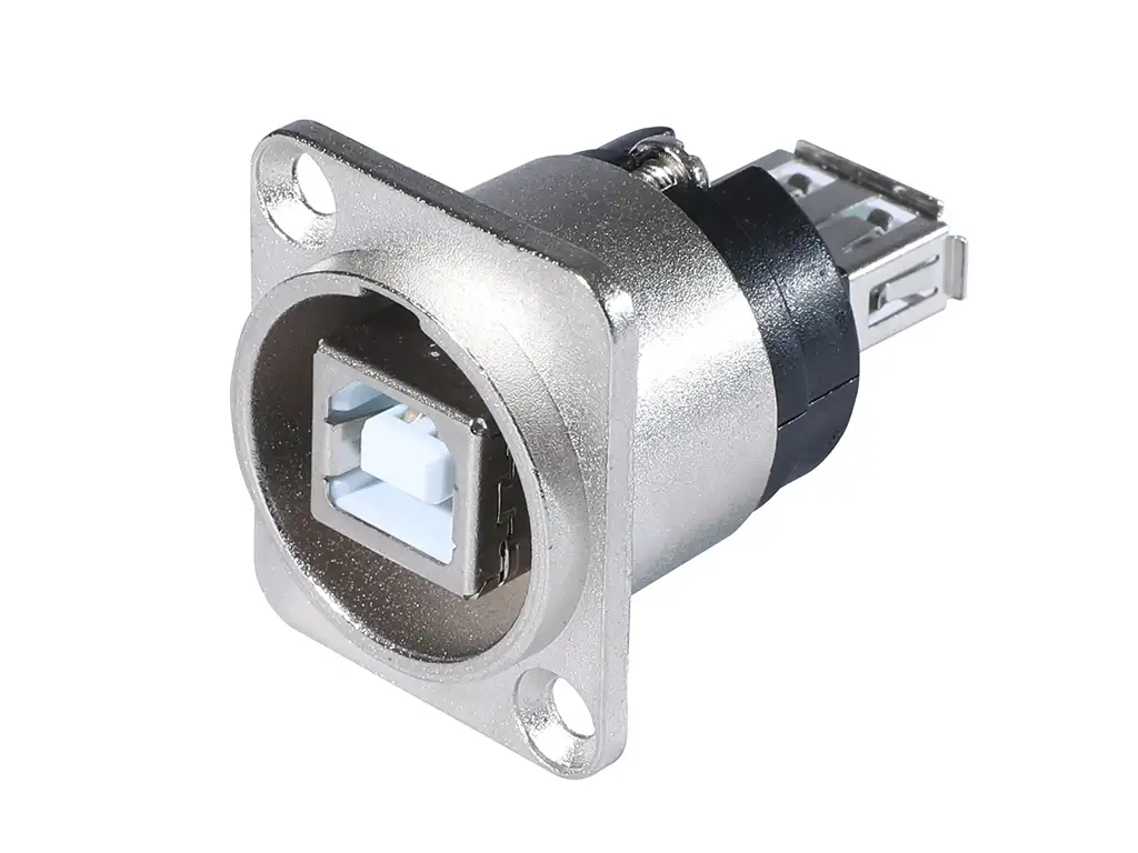 Newtide USB2220 USB 2.0 Type A to Type B reversible feedthrough chassis connector (gender changer) with nickel-plated D-shape metal housing.