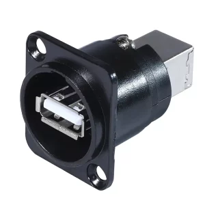 Newtide USB2220B-1 USB 2.0 Type A to Type B reversible feedthrough chassis connector (gender changer) with black-plated D-shape metal housing.