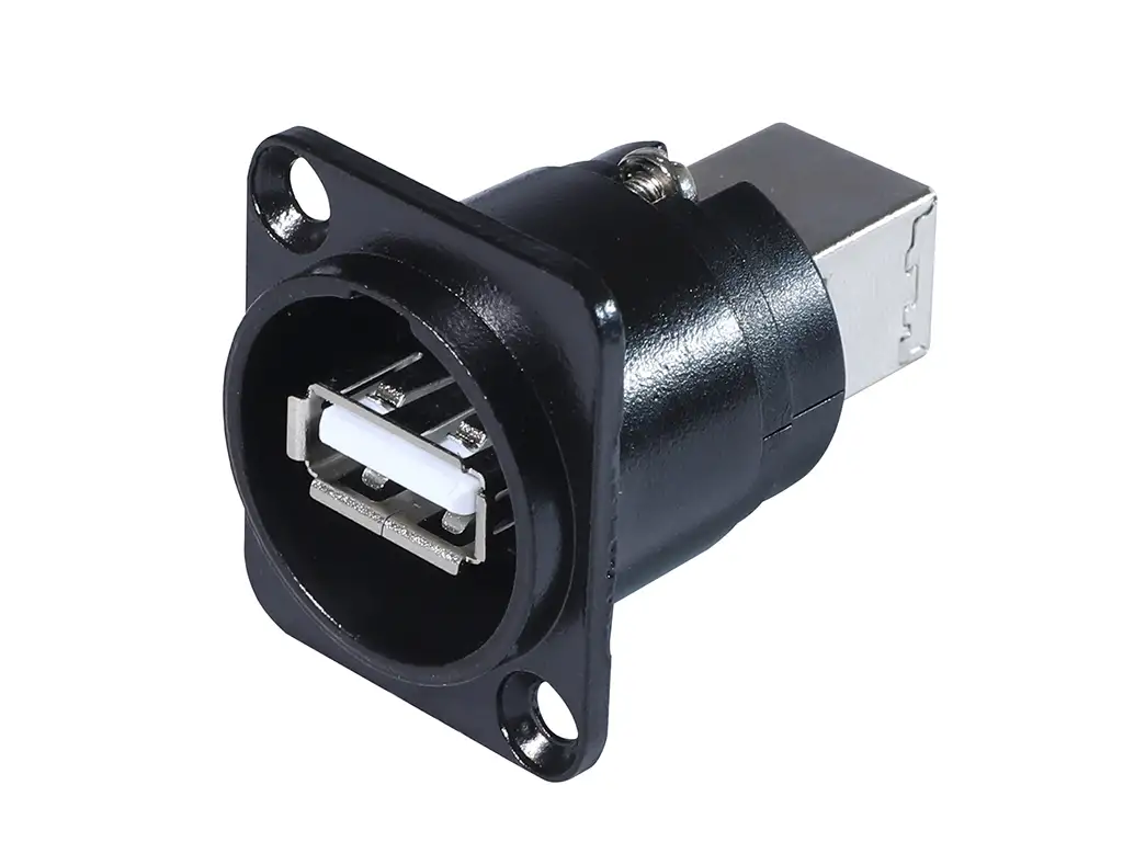Newtide USB2220B-1 USB 2.0 Type A to Type B reversible feedthrough chassis connector (gender changer) with black-plated D-shape metal housing.