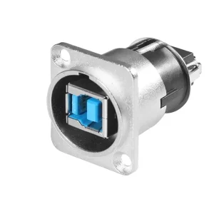 Newtide USB2280 USB 3.0 Type A to Type B reversible feedthrough chassis connector (gender changer) with nickel-plated D-shape metal housing.