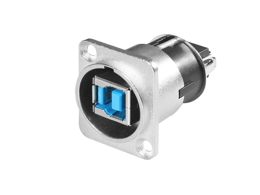 Newtide USB2280 USB 3.0 Type A to Type B reversible feedthrough chassis connector (gender changer) with nickel-plated D-shape metal housing.