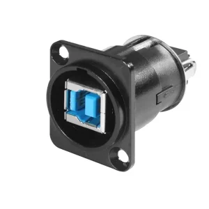 Newtide USB2280B USB 3.0 Type A to Type B reversible feedthrough chassis connector (gender changer) with black-plated D-shape metal housing.