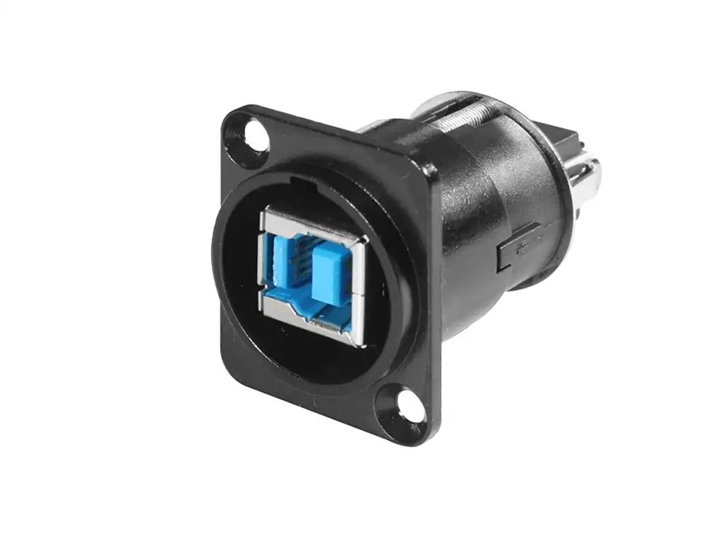 Newtide USB2280B USB 3.0 Type A to Type B reversible feedthrough chassis connector (gender changer) with black-plated D-shape metal housing.