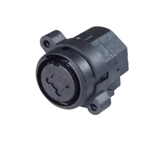 Newtide XC1201-3P Combo XLR female and 6.35mm stereo phone jack hybrid chassis connector (no switch) with retention spring, vertical PCB mount and thermoplastic housing.