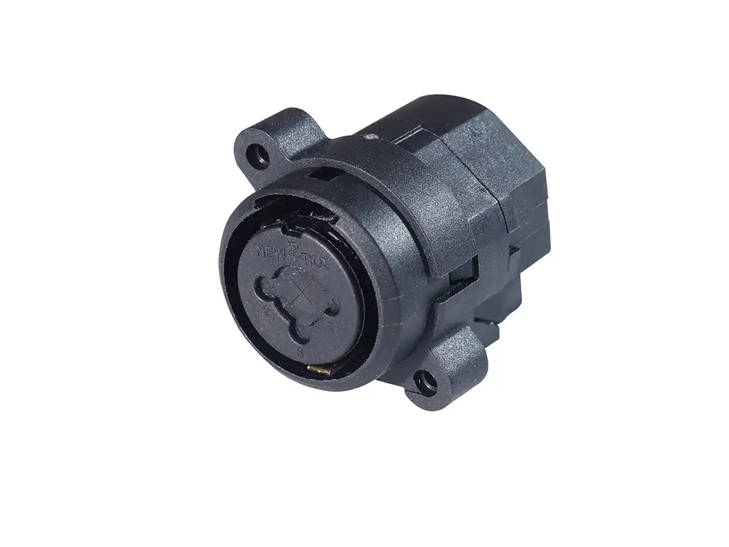 Newtide XC1205-3P Combo XLR female and 6.35mm mono phone jack hybrid chassis connector with switching contacts, solder cups, retention spring and thermoplastic housing.