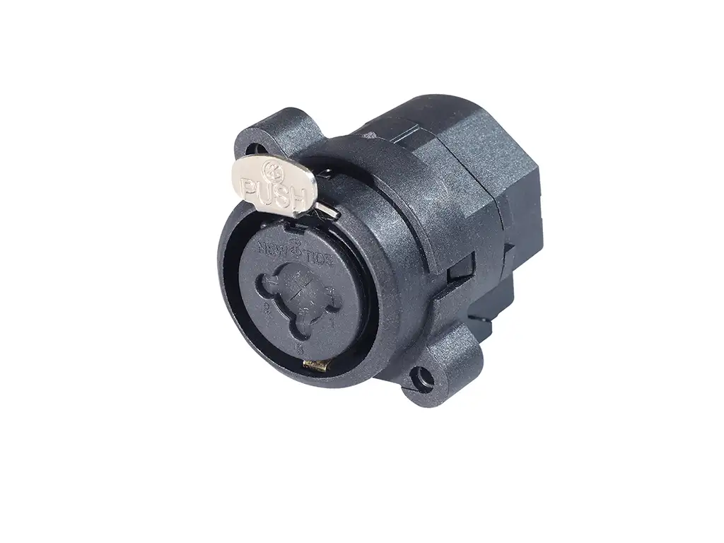 Newtide XC1302-3P Combo XLR female and 6.35mm stereo phone jack hybrid chassis connector with switching contacts, push locking latch, vertical PCB mount and thermoplastic housing.