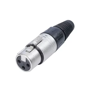 Newtide XR0010-3P 3-pole XLR female cable connector with nickel-plated housing, locking latch, and black strain relief boot.