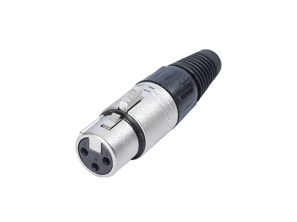 Newtide XR0010-3P 3-pole XLR female cable connector with nickel-plated housing, locking latch, and black strain relief boot.