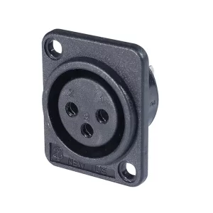 Newtide XR0370-3P 3-pole XLR female chassis connector with 3.5mm mounting holes , horizontal PCB mount, thermoplastic housing.