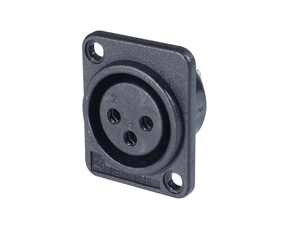 Newtide XR0370-3P 3-pole XLR female chassis connector with 3.5mm mounting holes , horizontal PCB mount, thermoplastic housing.