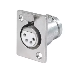 Newtide XR1070-4P 4-pole locking XLR female chassis connector with nickel-plated D-shape metal housing.