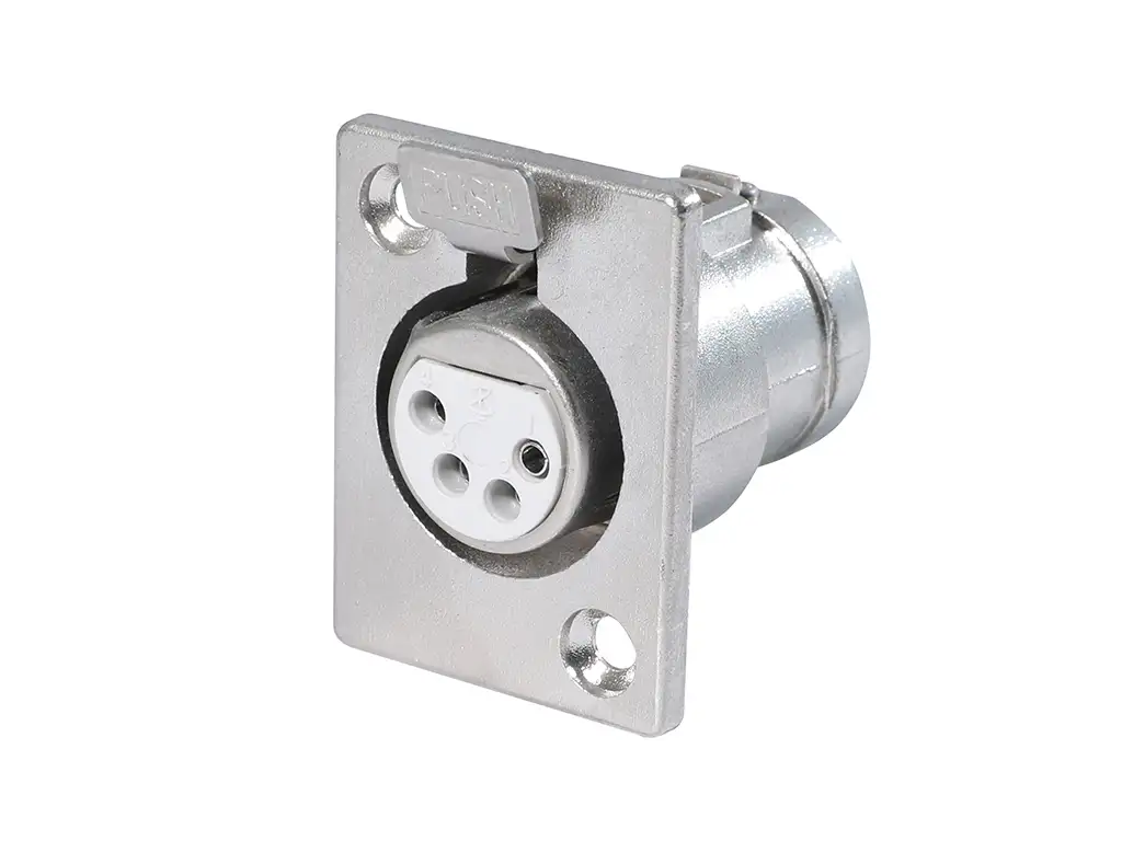 Newtide XR1070-4P 4-pole locking XLR female chassis connector with nickel-plated D-shape metal housing.