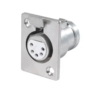 Newtide XR1070-5P 5-pole locking XLR female chassis connector with nickel-plated D-shape metal housing.