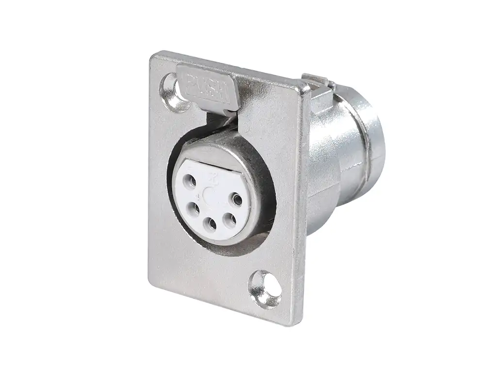 Newtide XR1070-5P 5-pole locking XLR female chassis connector with nickel-plated D-shape metal housing.