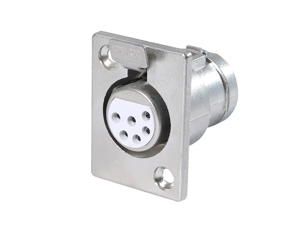 Newtide XR1070-6P 6-pole locking XLR female chassis connector with nickel-plated D-shape metal housing.