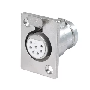 Newtide XR1070-7P 7-pole locking XLR female chassis connector with nickel-plated D-shape metal housing.
