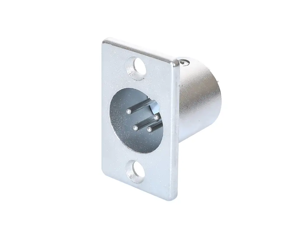 Newtide XR1080-4P 4-pole XLR male chassis connector with nickel-plated D-shape metal housing.