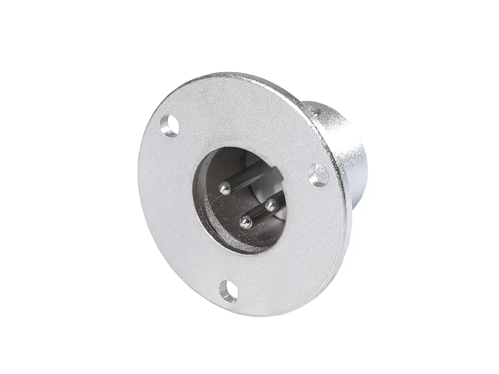 Newtide XR1081-3P 3-pole XLR male chassis connector with nickel-plated round traditional style metal housing.