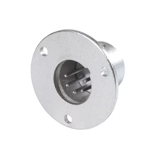 Newtide XR1081-5P 5-pole XLR male chassis connector with nickel-plated round traditional style metal housing.