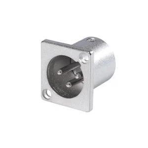 Newtide XR1082-3P 3-pole XLR male chassis connector with nickel-plated smallest available traditional style metal housing.