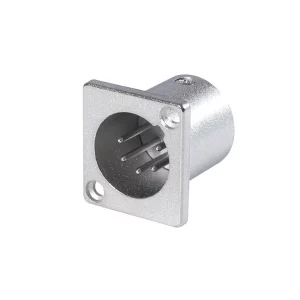 Newtide XR1082-5P 5-pole XLR male chassis connector with nickel-plated smallest available traditional style metal housing.