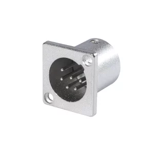 Newtide XR1082-6P 6-pole XLR male chassis connector with nickel-plated smallest available traditional style metal housing.