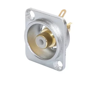 Newtide RCA2250-W RCA female chassis connector (phono jack) with nickel-plated D-shape metal housing and white color coding.