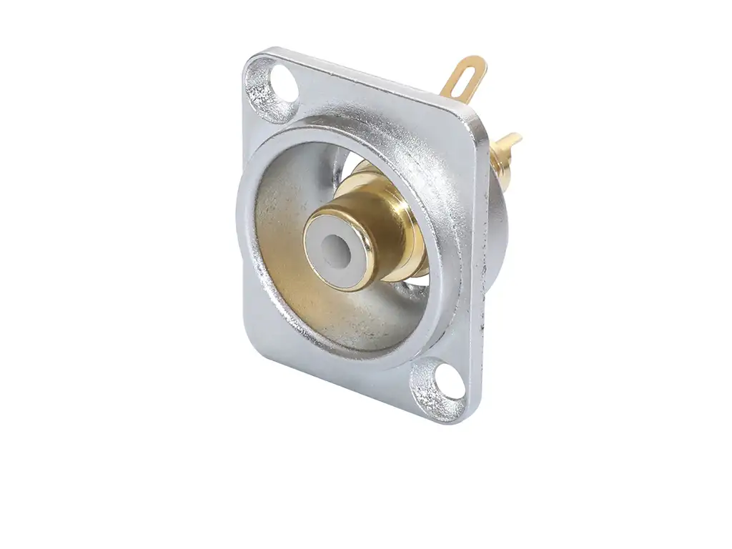 Newtide RCA2250-W RCA female chassis connector (phono jack) with nickel-plated D-shape metal housing and white color coding.