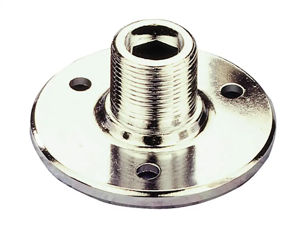 Newtide XR0032 nickel-plated metal microphone base mount component with flange.