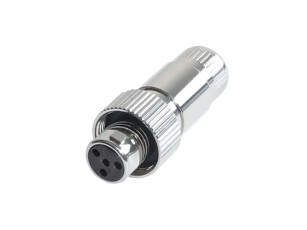 Newtide MXR5222-4P 4-pole MINI XLR female cable connector with nickel metal cap, sealing gasket for IP67 waterproof connection, metal shell.