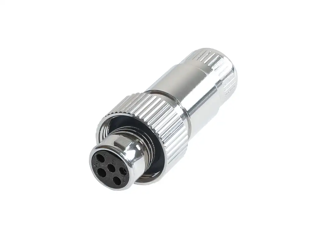 Newtide MXR5222-5P 5-pole MINI XLR female cable connector with nickel metal cap, sealing gasket for IP67 waterproof connection, metal shell.